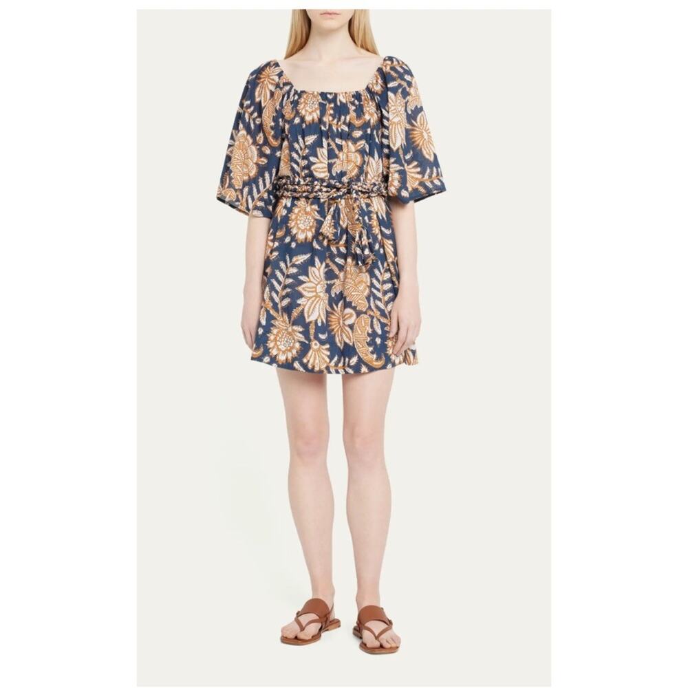 Figue $548 Piper Floral Print Belted Short Dress Sz XS Blue Gold Kaftan